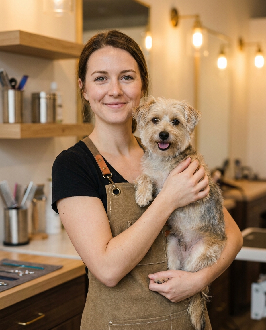 A Vega's Pets Grooming groomer holding a happy dog